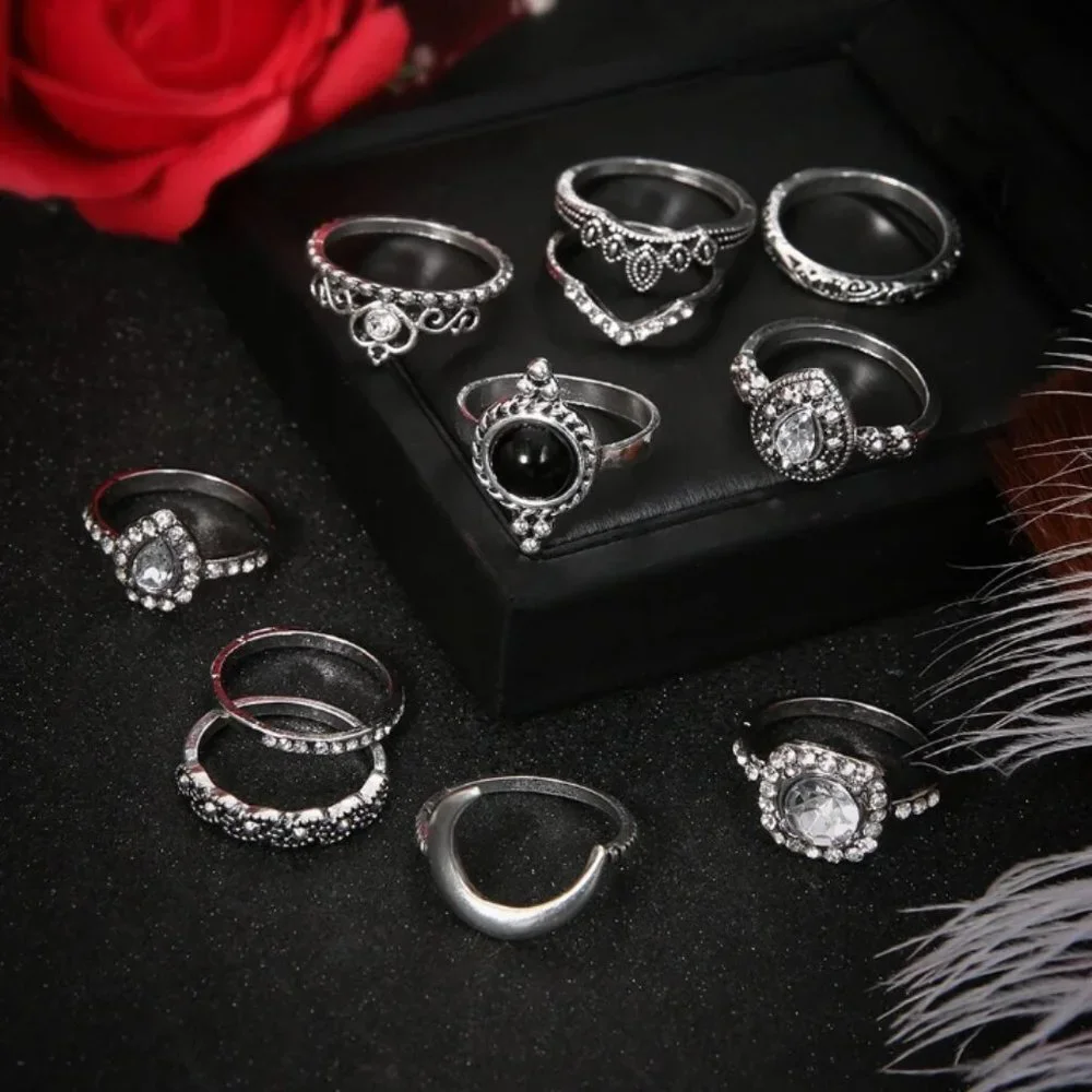 11 Piece‎ Boho Silver Crystal Moon Pendant Filigree Stackable Ring Set Gothic - Picture 3 of 5